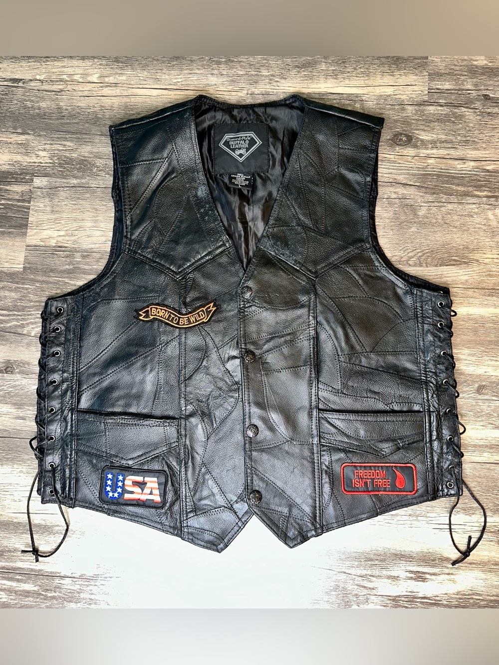 Diamond Plate Buffalo Leather Motorcycle Vest Black Lace USA Eagle Patches Sz L